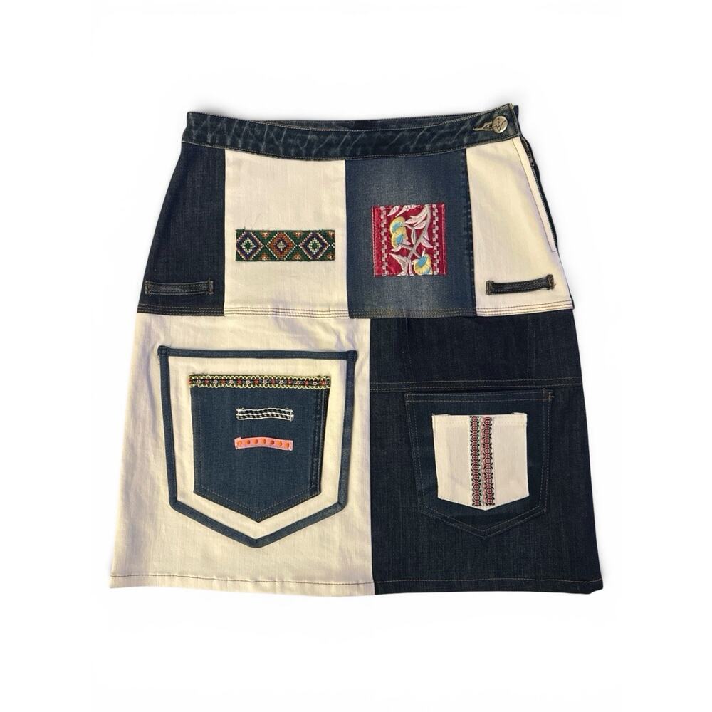 ANEV Retro Denim Patchwork Mini Skirt Y2K UpCycled Embroidered Women's 4